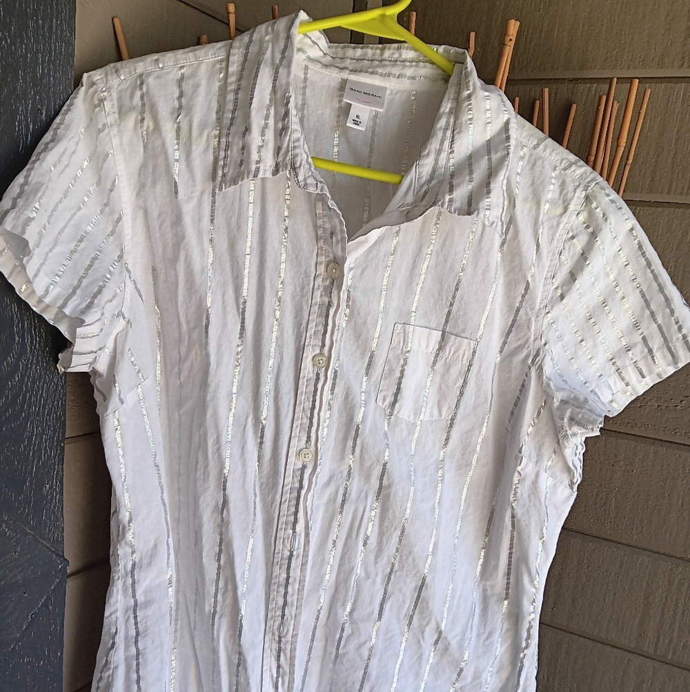 Issac Mizrahi for Target White Cotton Silver Metallic Blouse Size XL